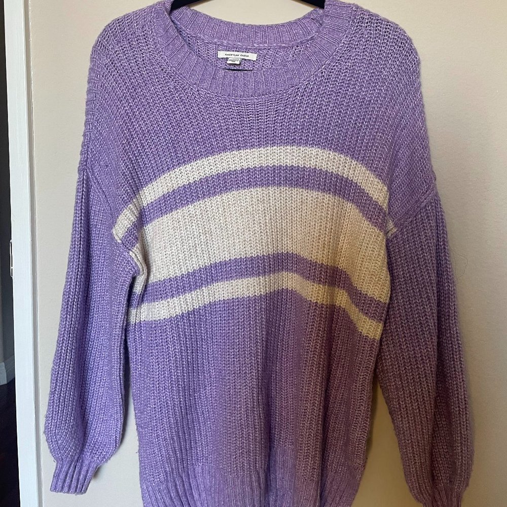American Eagle Purple-White Striped Knit Sweater